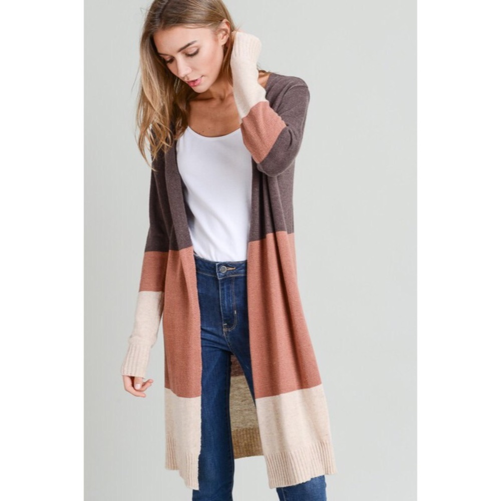 likeNarly Colorblock Long Cardigan in Brown, Rust, Cream
